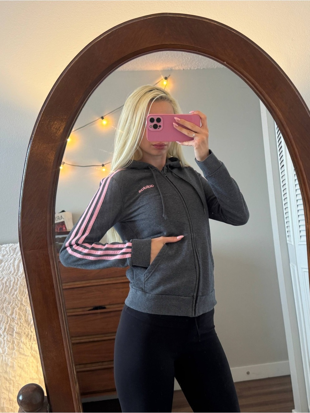 adidas Dark Gray Zip Hoodie with Pink Sleeve Stripes